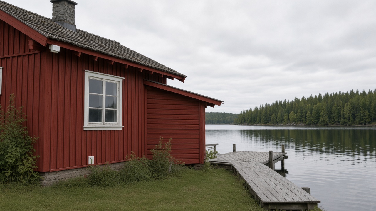 Harmaa puumökki järven rannalla. Räystään alla on pieni valkoinen anturi.